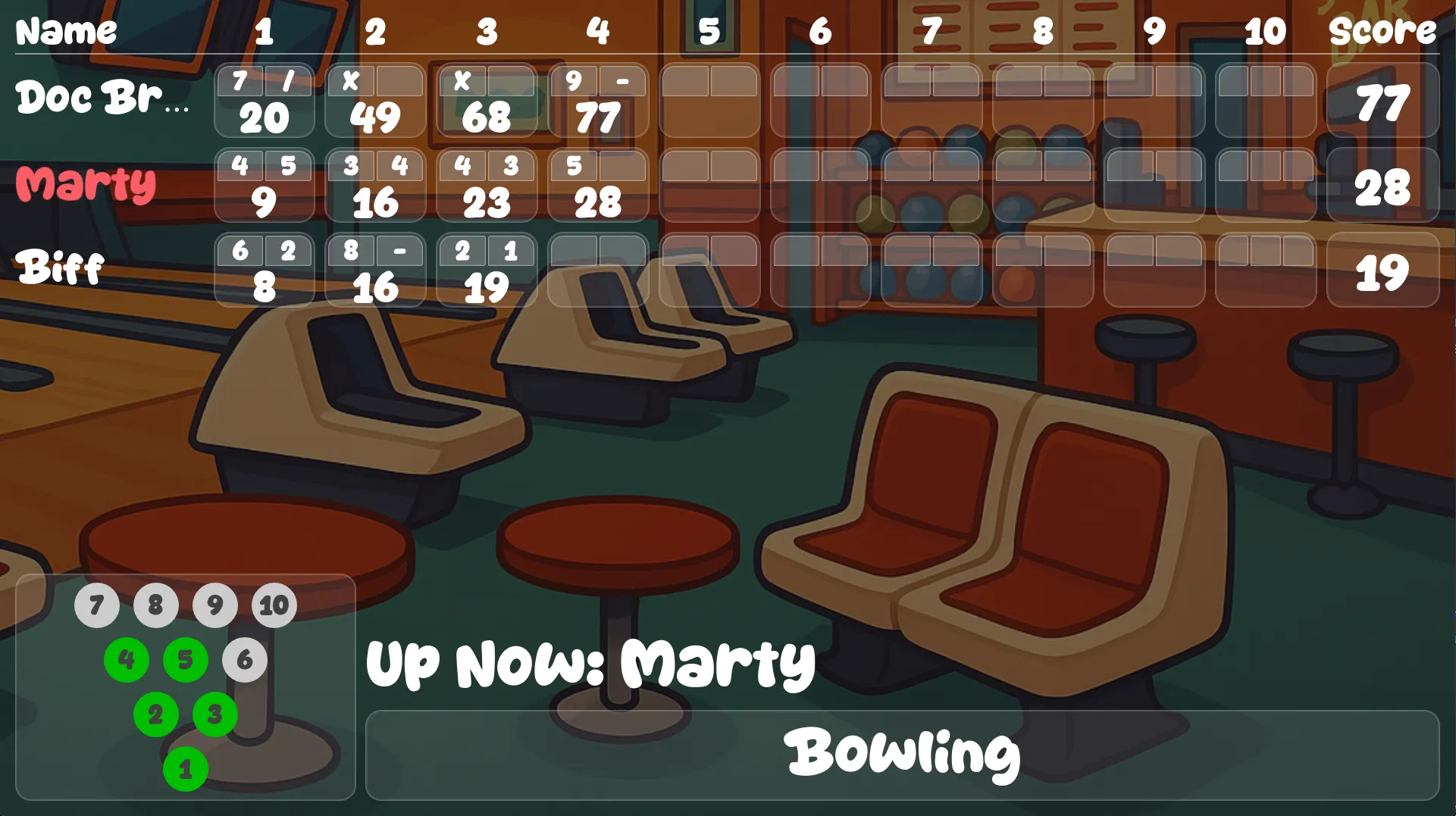 Bowling gameplay screenshot from LaneCraft's bowling software