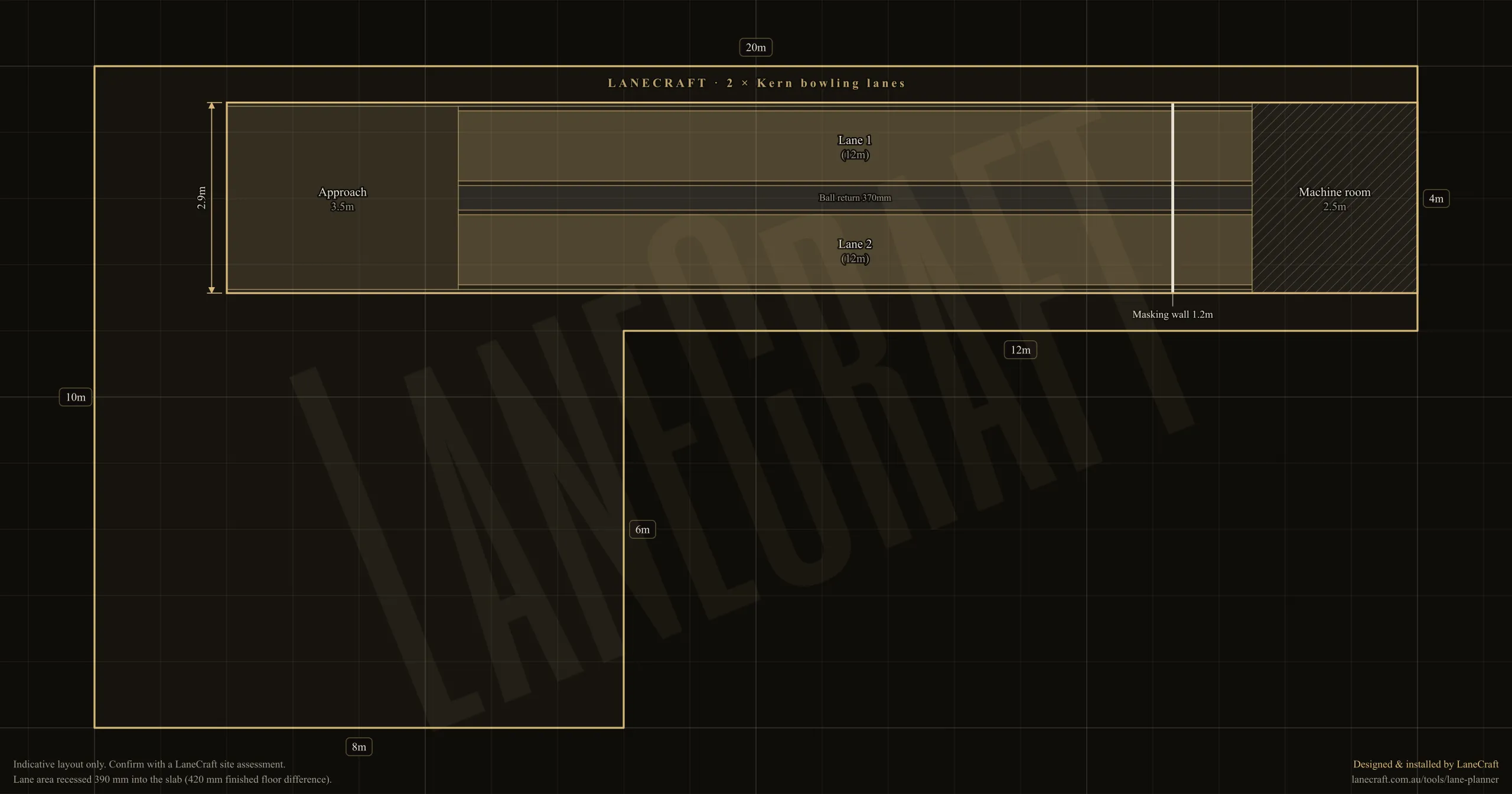 The LaneCraft Lane Planner: two Kern lanes fitted into an L-shaped room, machine room against the back wall and the approach opening into the room