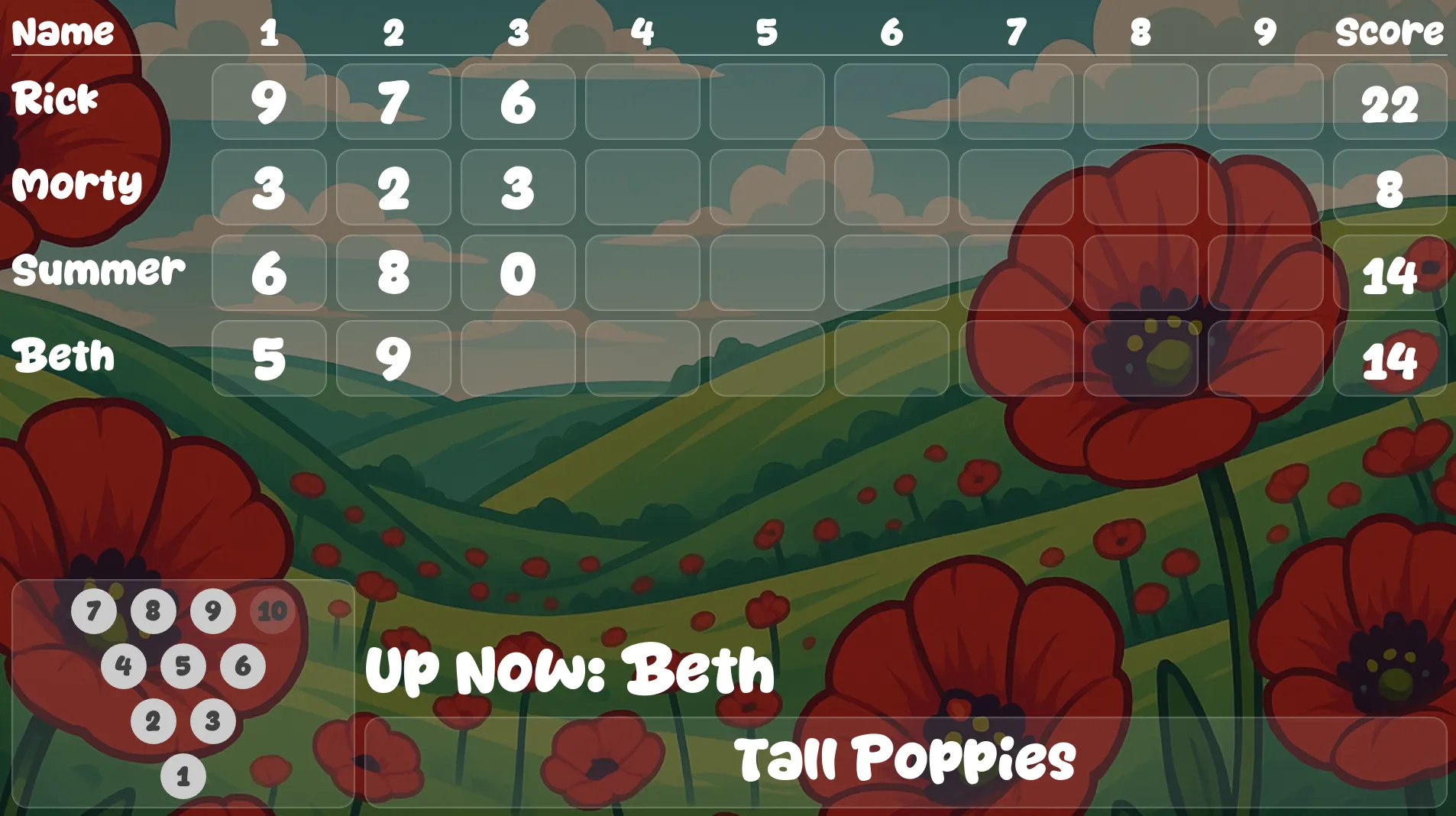 Tall Poppies gameplay screenshot from LaneCraft's bowling software